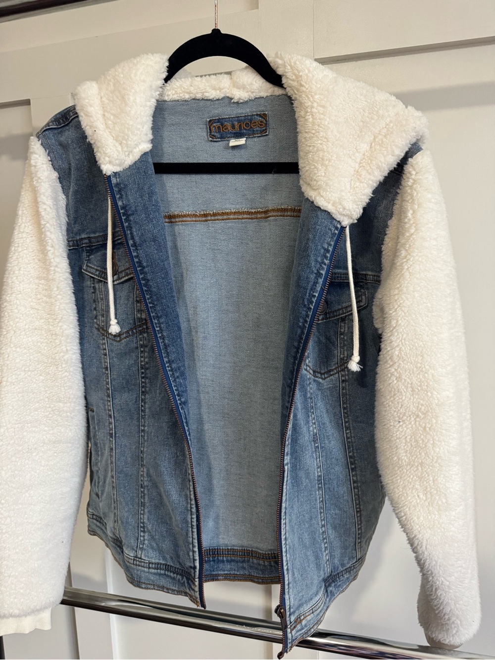 Maurices Blue Denim Jacket with White Sherpa Hood & Sleeves